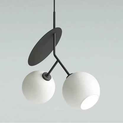 Modern black metal pendant light with two white spherical glass shades for decorbites cherry led pendant lighting