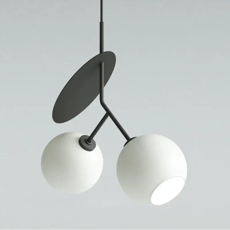 Modern black metal pendant light with two white spherical glass shades for decorbites cherry led pendant lighting