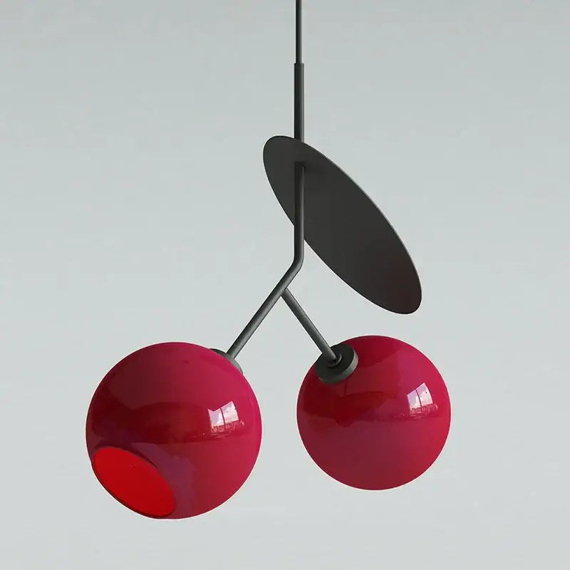 Modern red glass cherry led pendant light with glossy spheres and matte black metal stem for dining room decorbites cherry led
