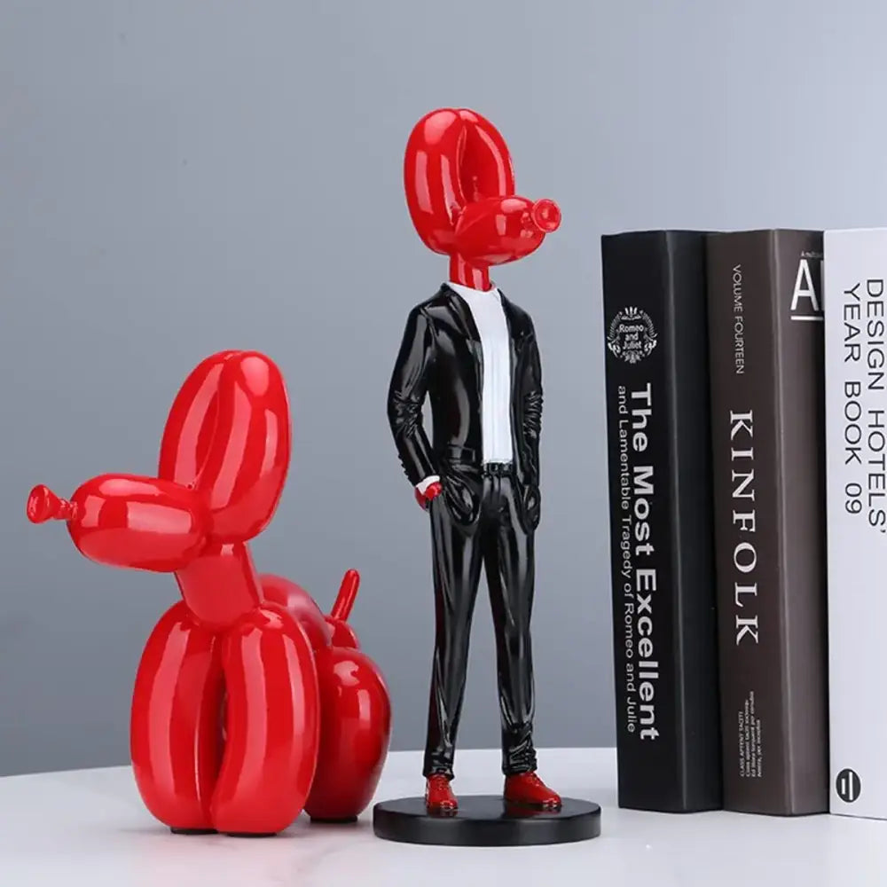 Modern red glossy balloon dog statue made of resin for living room decor with a sleek balloon dog design
