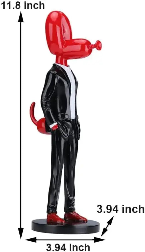 Red glossy balloon dog statue wearing a black suit with white shirt and red shoes made of resin for living room decor