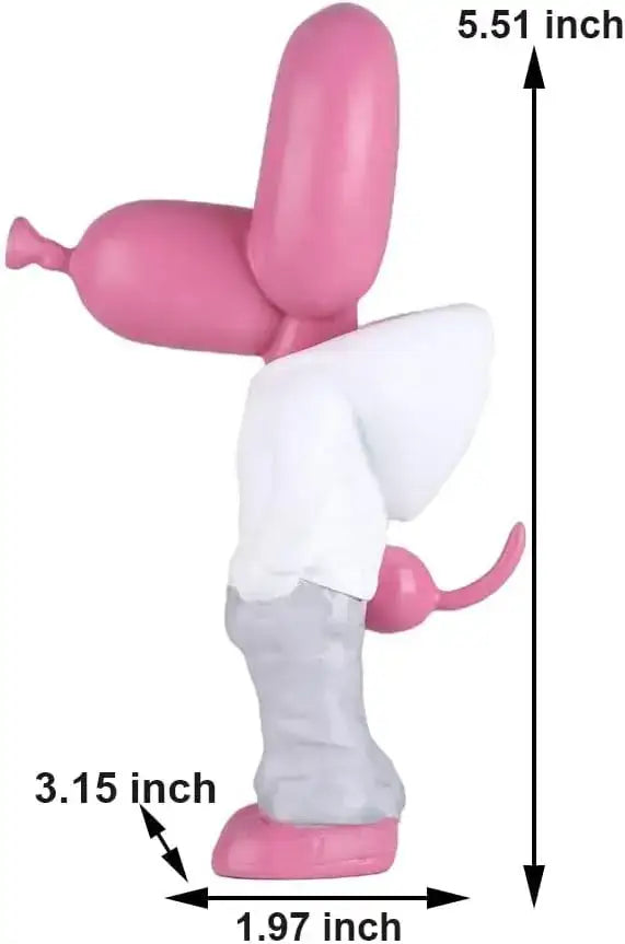 Modern pink balloon dog statue in resin wearing white shirt and gray pants for living room decor