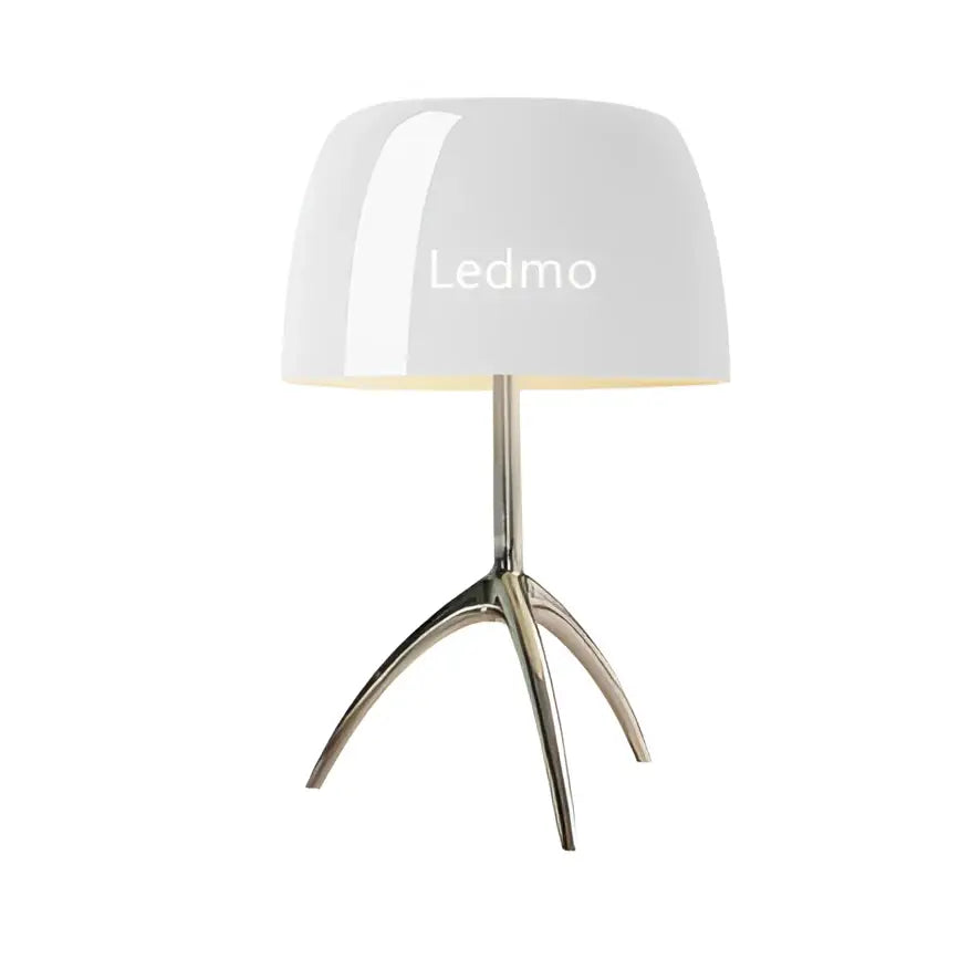 Modern table lamp with white glossy glass shade and silver metallic tripod base branded ledmo for bedroom use