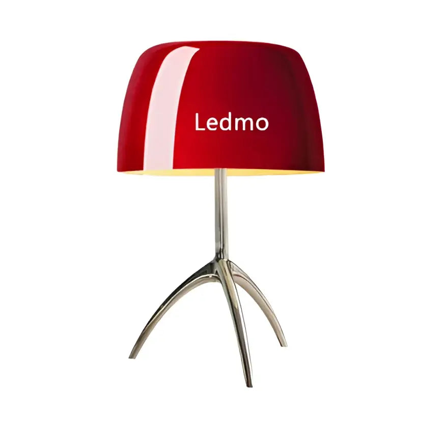 Modern red ledmo table lamp with glossy curved glass shade and chrome tripod base for stylish bedroom lighting