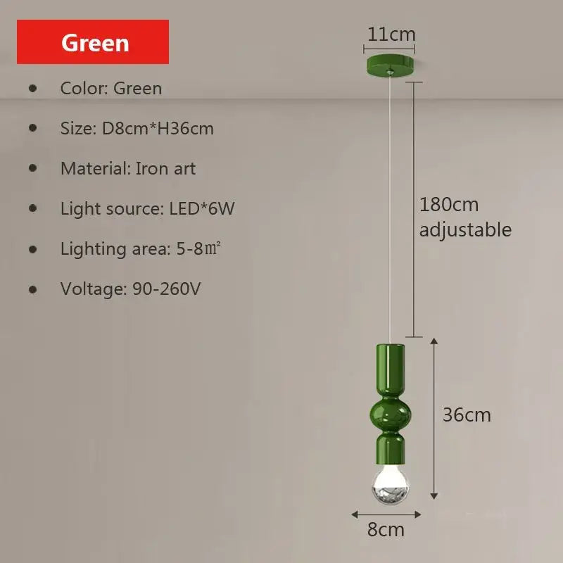 Modern red and green caterpillar iron led pendant light with green iron art design and adjustable 180cm hanging length