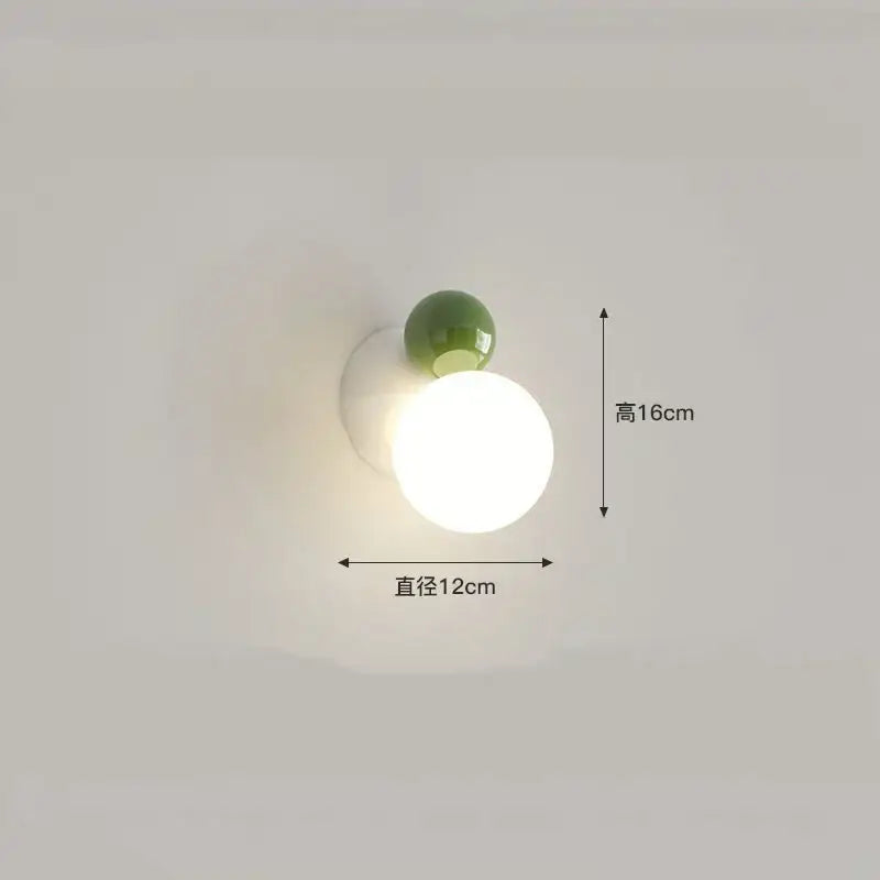 Modern red and green led wall light kids room spherical acrylic lamp with matte white base and olive green glossy accent by decorbites led wall