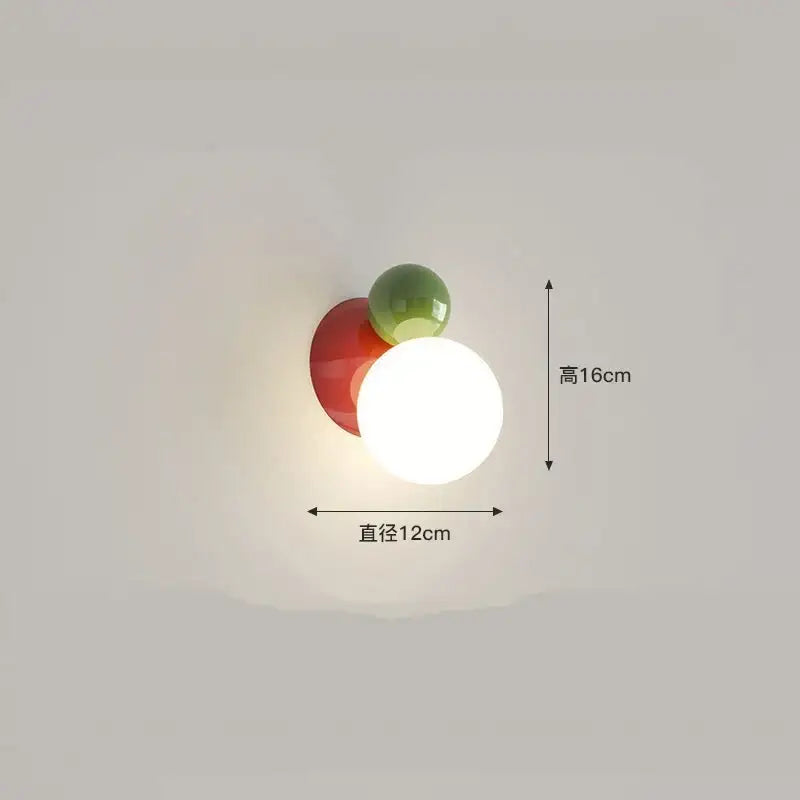 Modern red and green led wall light kids room spherical acrylic lamp with glowing white central globe decorbites led wall