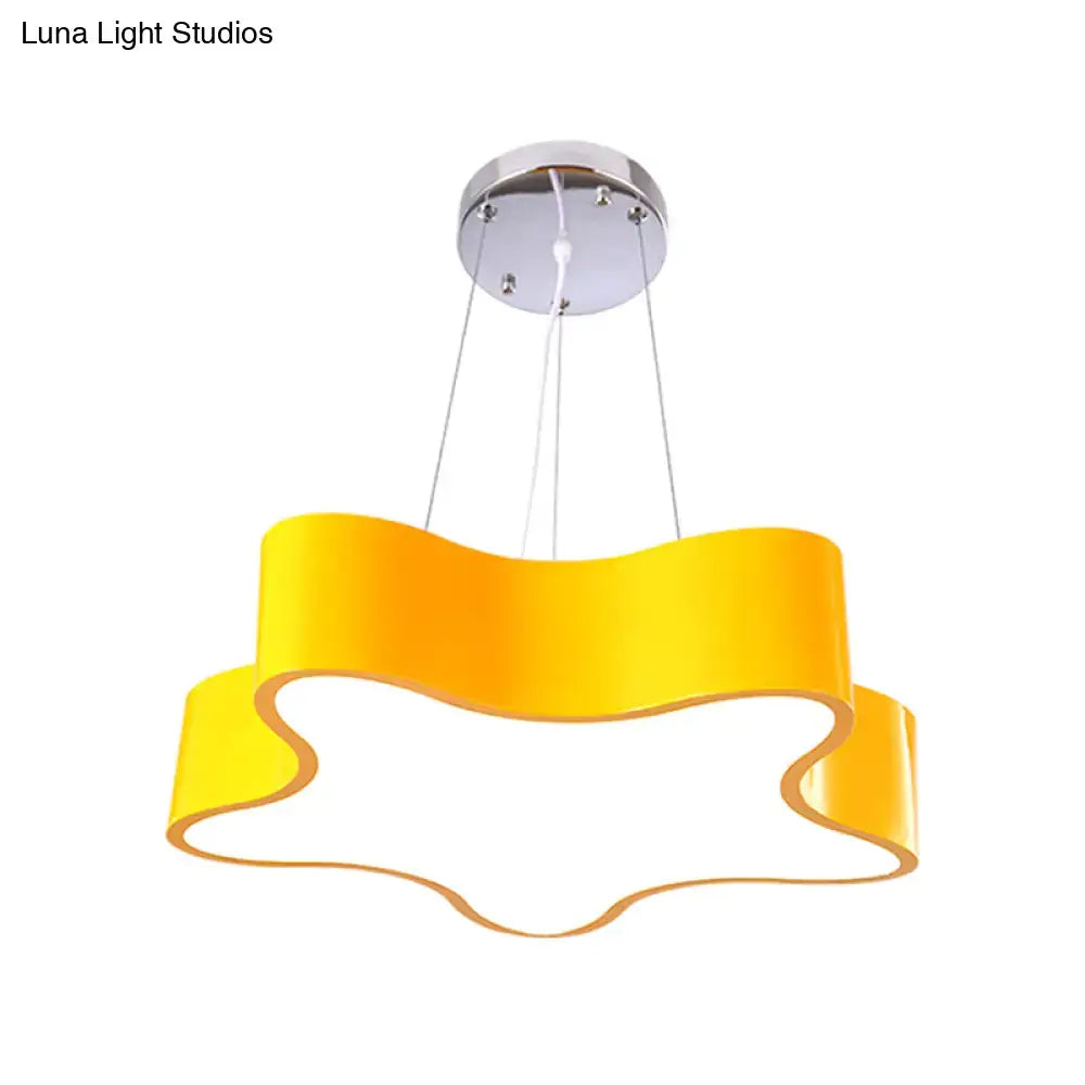 Modern yellow wave-shaped pendant light with chrome mount designed for child care centre led hanging use