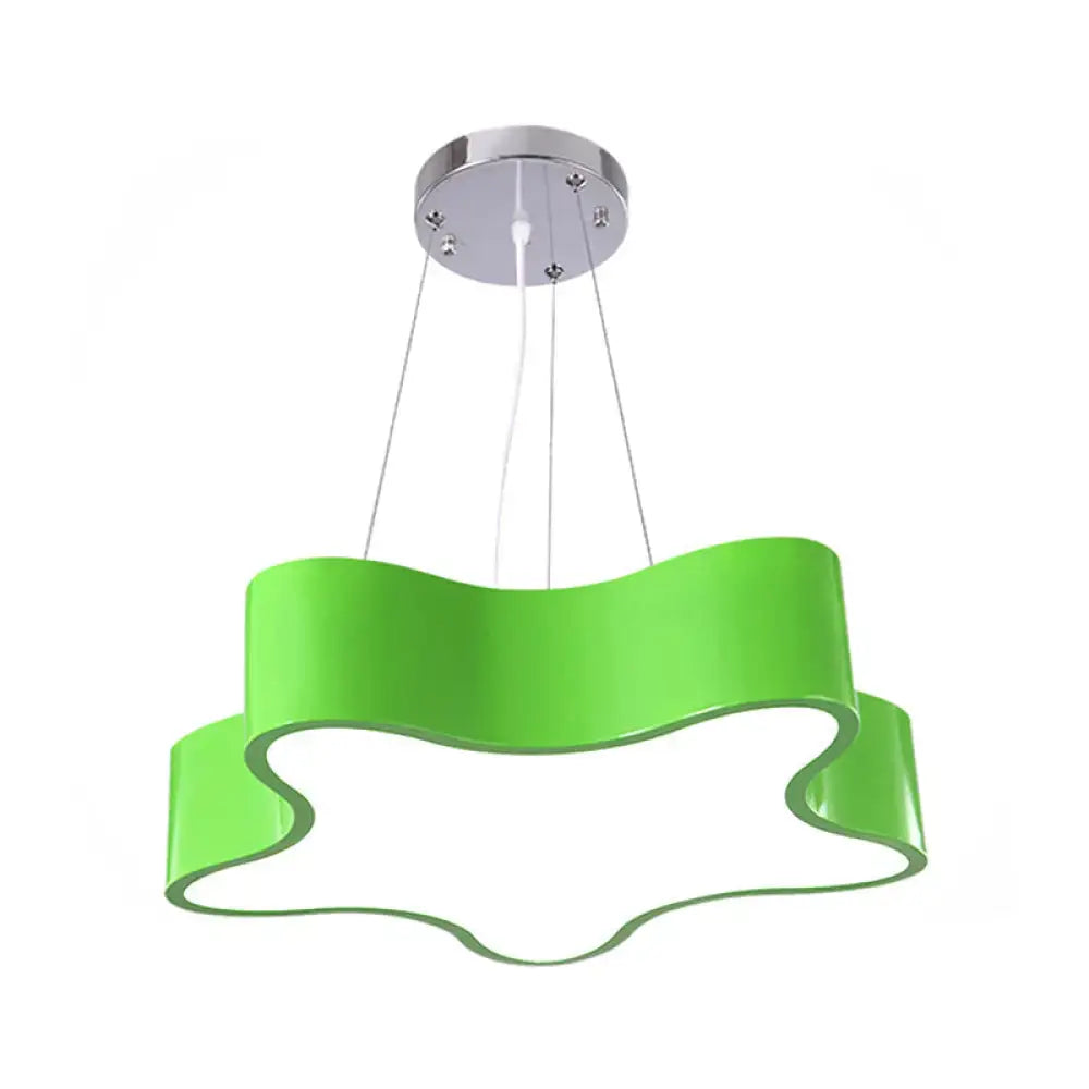 Vibrant green modern pendant light with wavy acrylic shade and chrome mount for child care centre led hanging use