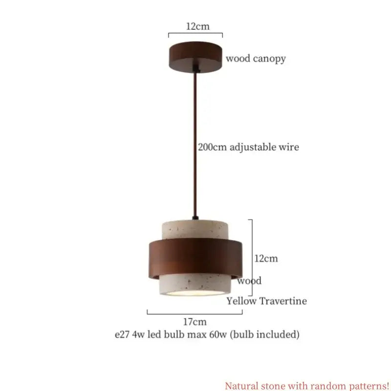 Modern reddish brown and cream decorbites cement cylinder led pendant light with dark wood canopy and yellow travertine rings