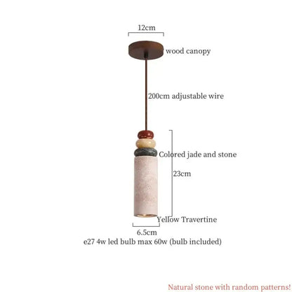 Modern reddish brown and cream decorbites cement cylinder led pendant with yellow travertine and stacked jade beads