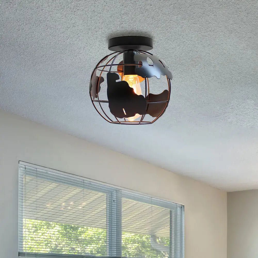 Industrial-style black iron cage ceiling light with wire globe and cut-out world map for kitchen decorbites iron cage lighting