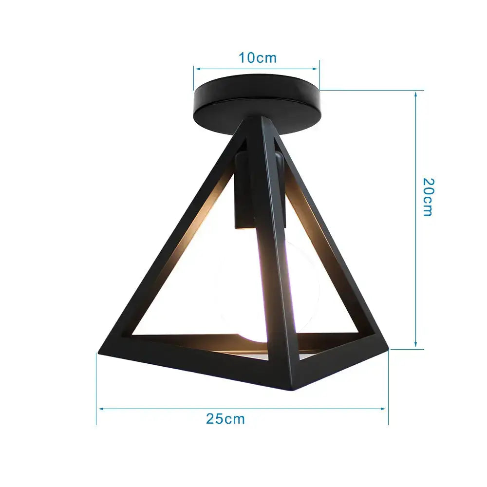 Modern retro black iron cage ceiling light with triangular geometric design and illuminated interior for kitchen lighting