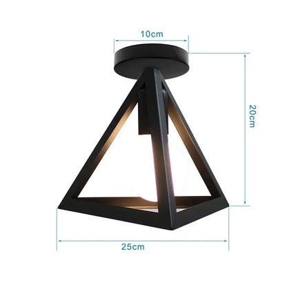 Modern retro black iron cage ceiling light with triangular geometric design and illuminated interior for kitchen lighting
