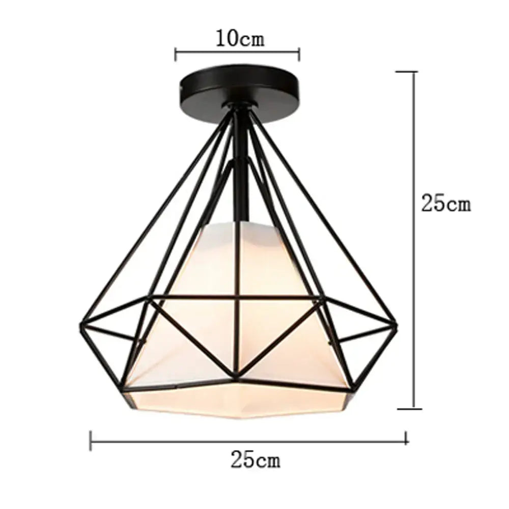 Black metal diamond-shaped pendant ceiling light with frosted glass shade decorbites iron cage ceiling lighting