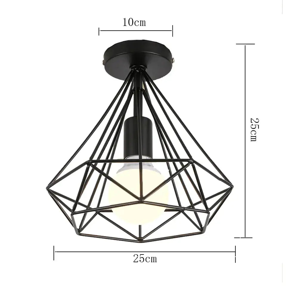 Modern retro black iron cage ceiling light with diamond shape and frosted bulb for kitchen decorbites iron cage lighting