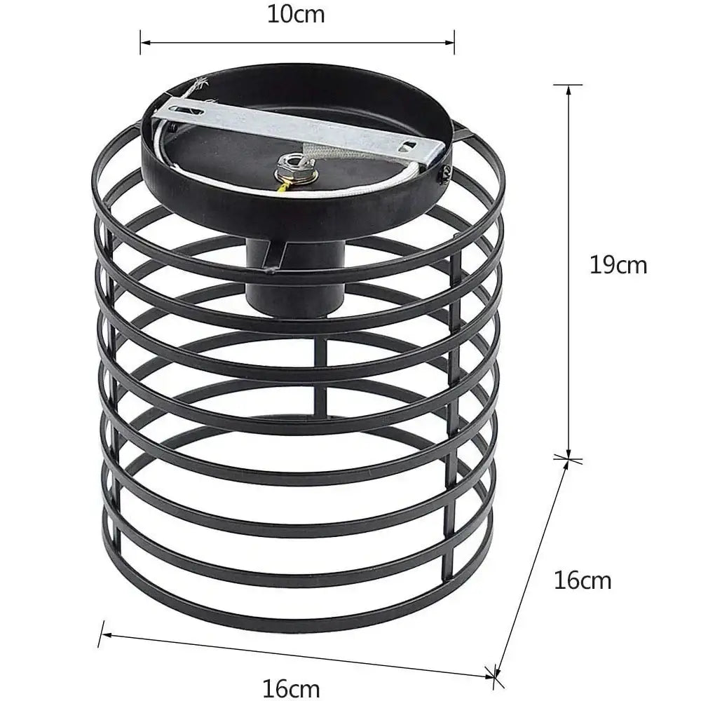 Modern retro black iron cage ceiling light featuring a black metal cylindrical insect trap with mesh design and 10cm opening
