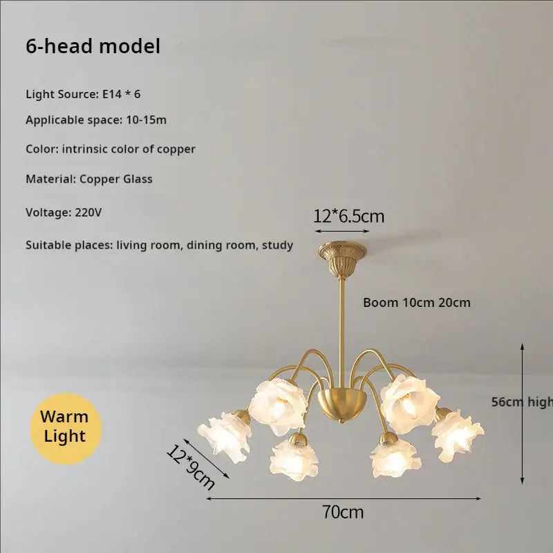 Copper glass chandelier with six rose-shaped frosted glass shades from decorbites elegant flower collection for dining room decor