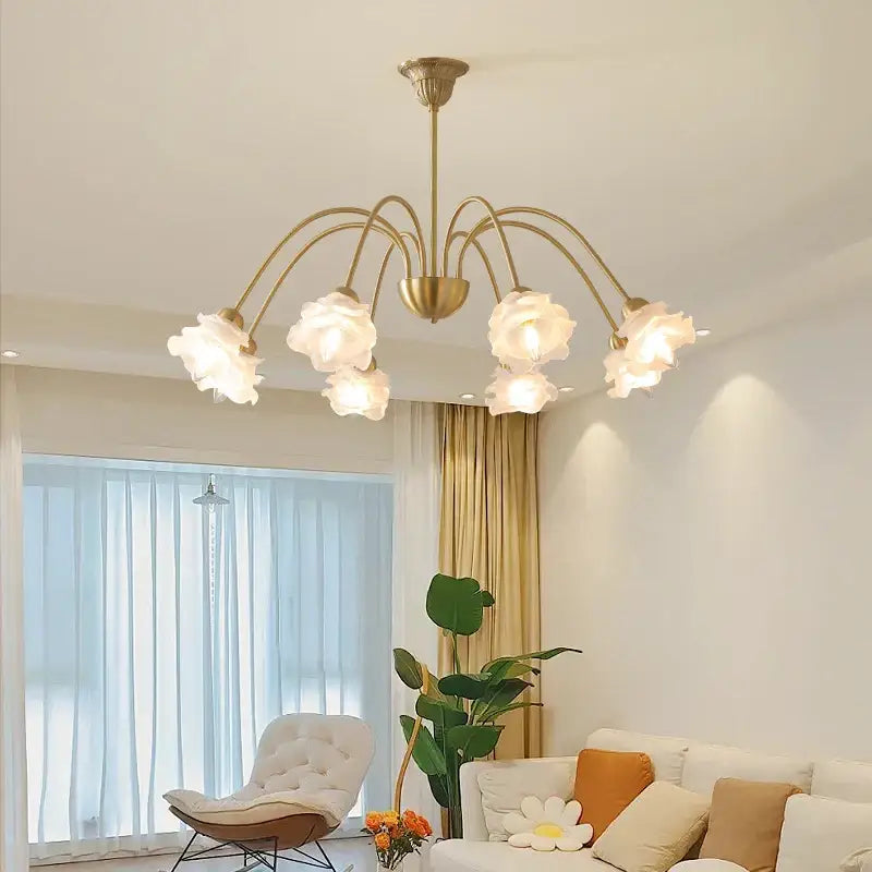 Modern retro decorbites elegant flower chandelier with gold tone and five translucent white flower-shaped shades for dining room