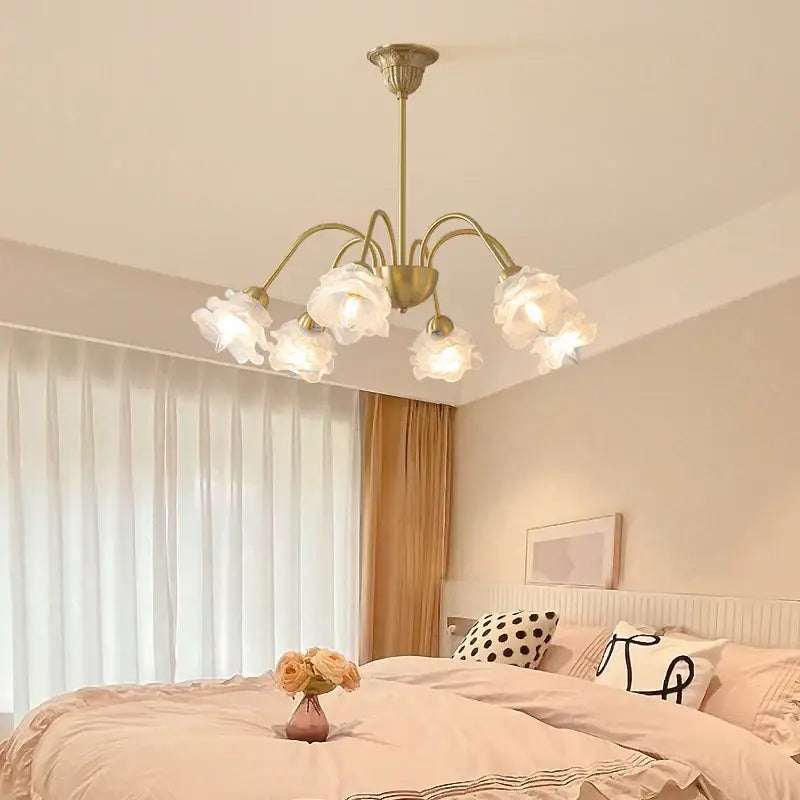 Modern retro gold decorbites elegant flower chandelier with five white glass shades for dining room lighting