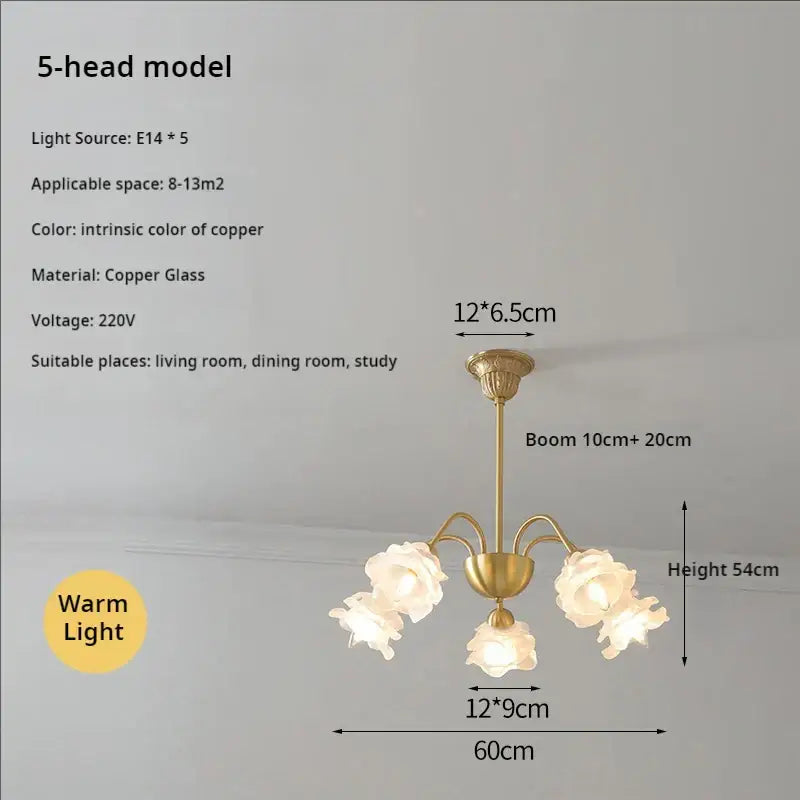 Copper glass decorbites elegant flower chandelier with five floral-shaped light fixtures for modern retro dining room
