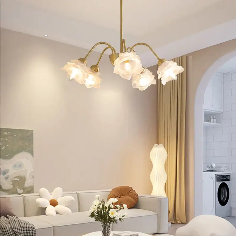 Gold-toned modern retro decorbites elegant flower chandelier with five translucent white flower-shaped shades for dining room