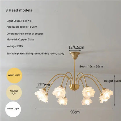 A brass-colored copper modern retro decorbites elegant flower chandelier with eight floral light fixtures for dining room