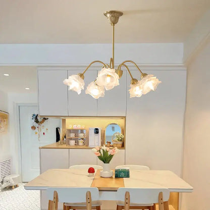 Modern retro decorbites elegant flower chandelier with five translucent white rose shades in gold tone for dining room