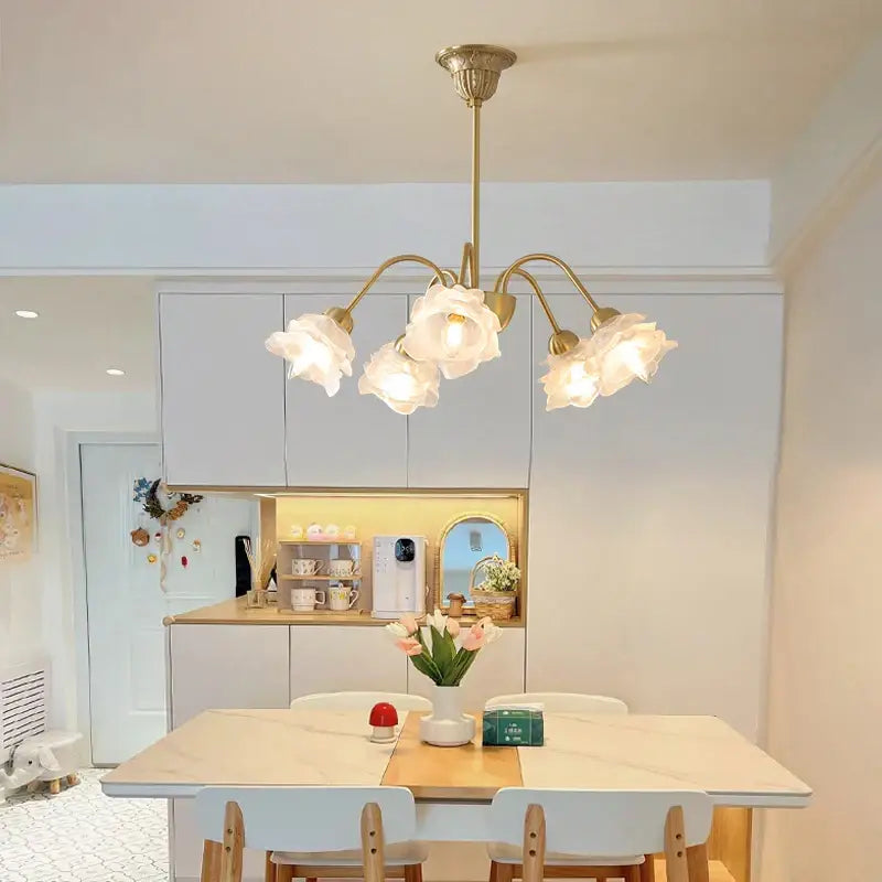 Modern retro decorbites elegant flower chandelier with five translucent white rose shades in gold tone for dining room