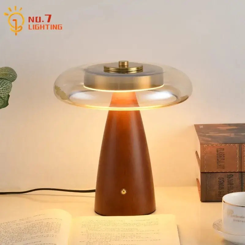 Modern retro gold lustre wood table lamp with warm wooden base brass top and clear dome by decorbites gold lustre