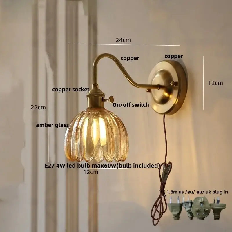 Antique brass copper led wall sconce with ribbed amber glass shade for modern bedroom lighting