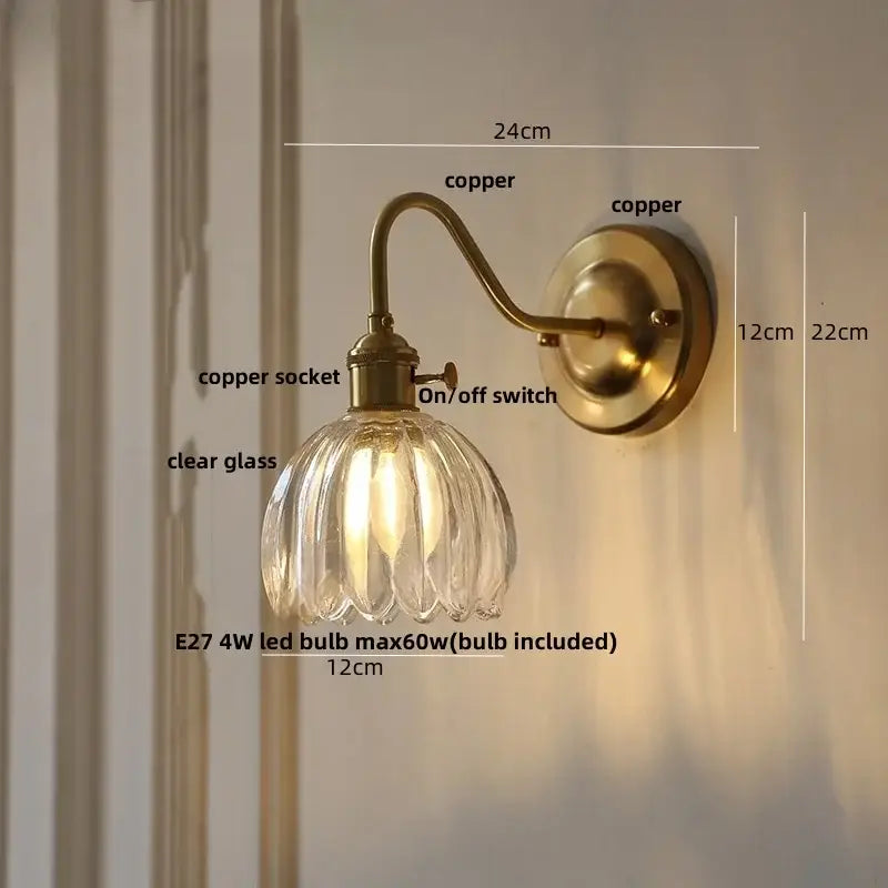 Antique brass-finished wall sconce with clear ribbed glass shade modern glass copper led copper led wall lamp