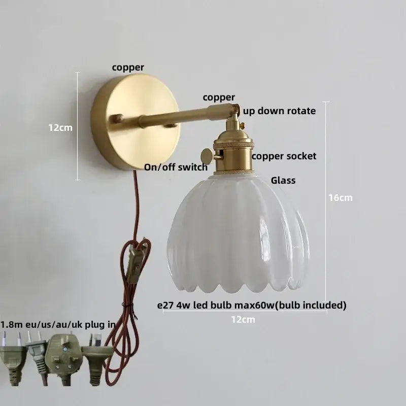 Modern wall sconce with brass-finished copper arm and off-white fluted glass shade featuring glass copper led lighting