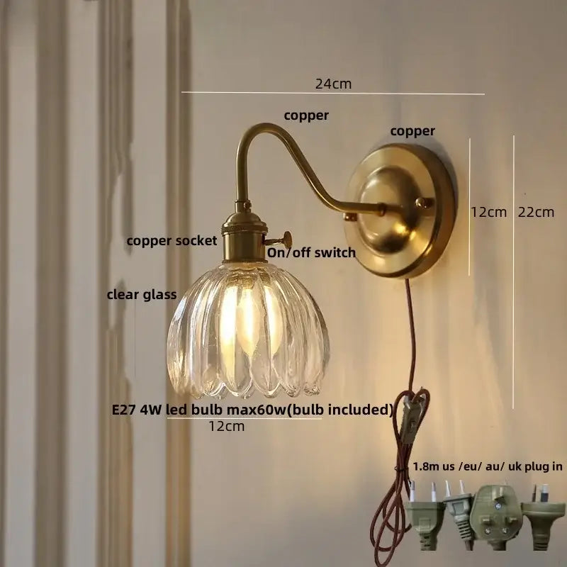 Modern wall sconce with antique brass finish and clear ribbed glass shade featuring a glass copper knob switch