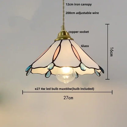 Delicate tiffany-style pendant lamp with stained glass panels in cream peach and teal accents, copper socket decorbites blue glass led