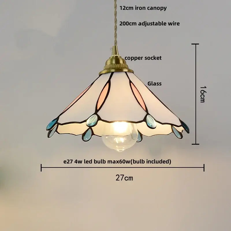 Delicate tiffany-style pendant lamp with stained glass panels in cream peach and teal accents, copper socket decorbites blue glass led