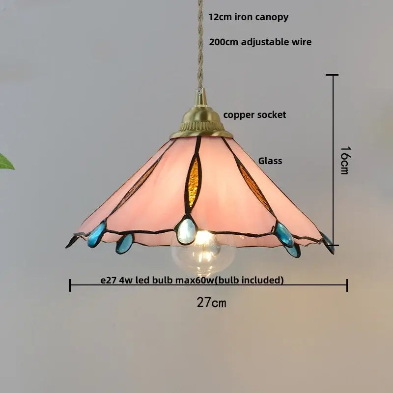 Modern ribbed pink stained glass pendant light with blue and gold accents and brass copper socket for kitchens decorbites blue glass led