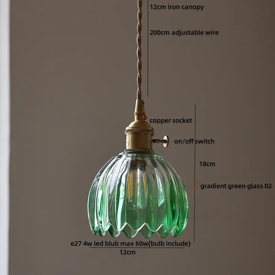 Modern ribbed blue glass pendant light with gradient green glass, copper socket, and twisted iron canopy for decorbites blue glass led decor
