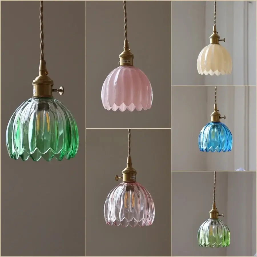 Modern ribbed blue glass pendant light with brass fixtures and scalloped shades for dining room decorbites blue glass led