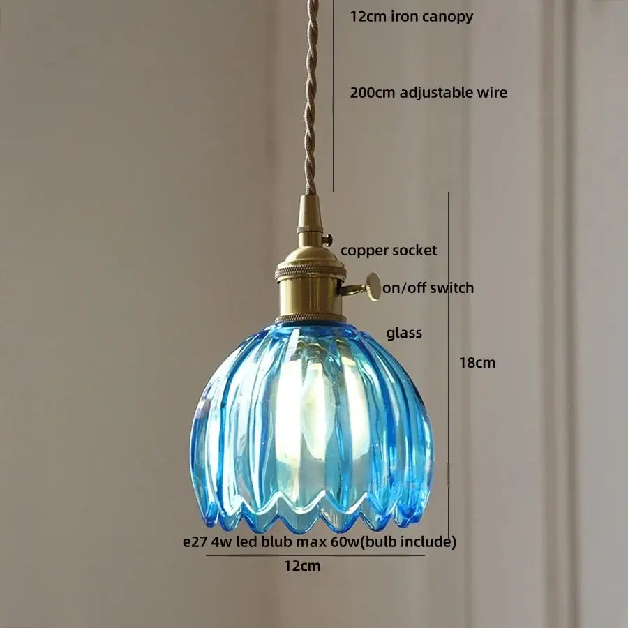 Modern ribbed blue glass pendant light with scalloped fluted design and brass hardware for dining room decorbites blue glass