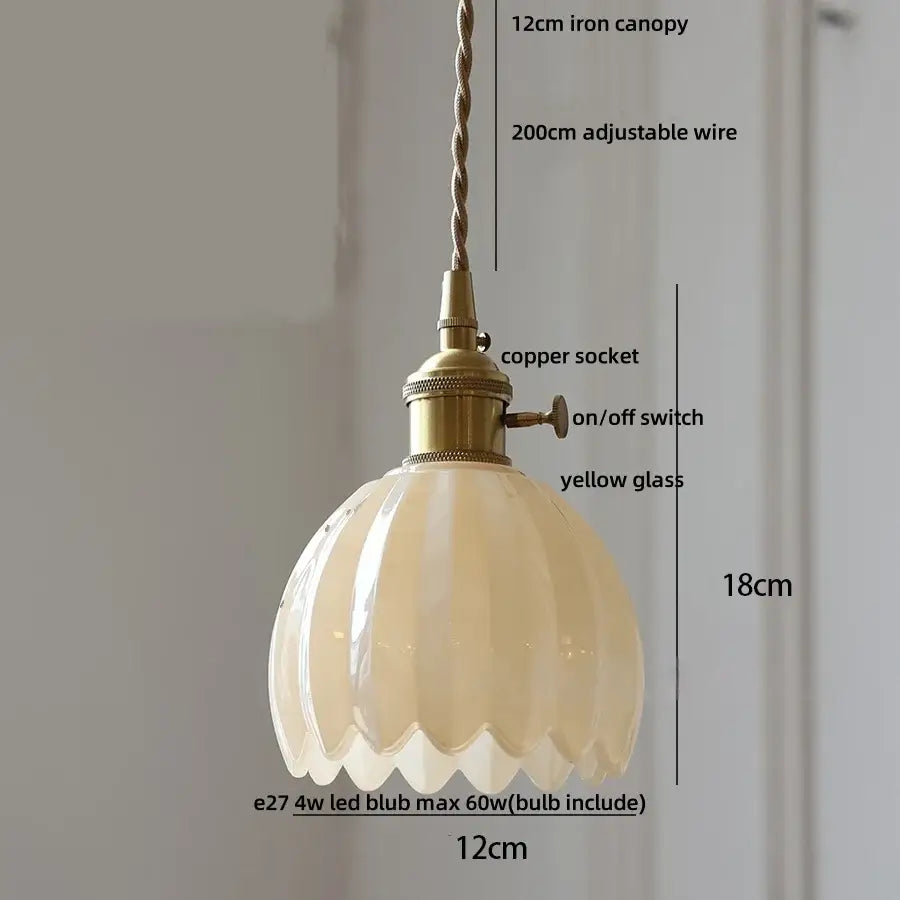 Vintage-style pendant light with yellow ribbed glass shade and brass copper socket for decorbites blue glass decor