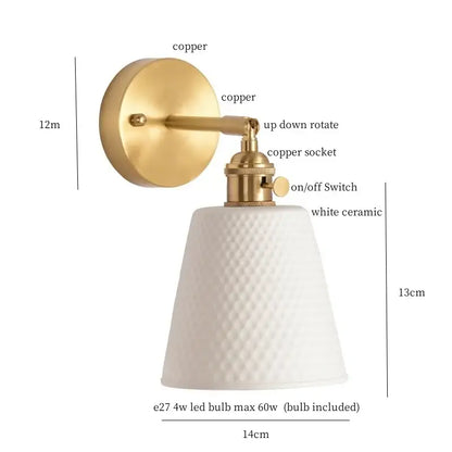 Modern ribbed ceramic led wall light with brass finish and white textured diamond-patterned shade for bedroom decorbites ceramic led