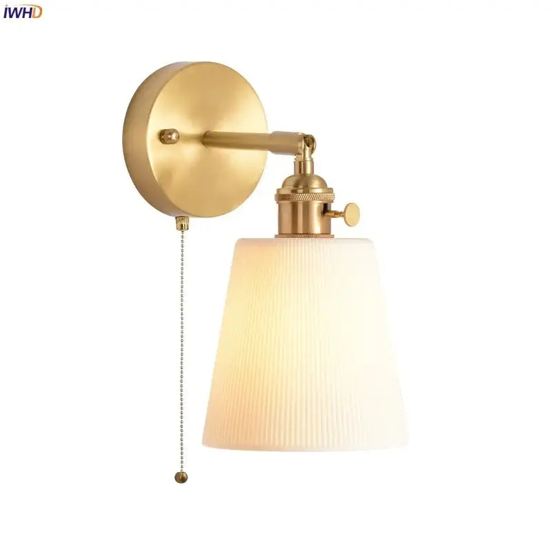 Modern ribbed ceramic led wall light with brass finish ribbed off-white glass shade and adjustable pull chain switch decorbites ceramic led wall light