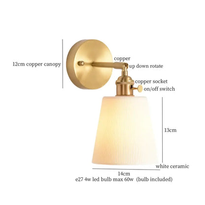 Modern brass finish wall light with ribbed white ceramic led shade and pull chain for bedroom decorbites ceramic led wall