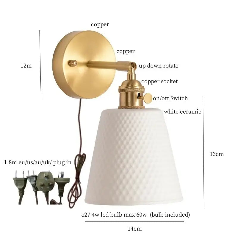 Gold copper wall light with white ribbed ceramic led shade featuring textured diamond pattern for modern decorbites ceramic led use