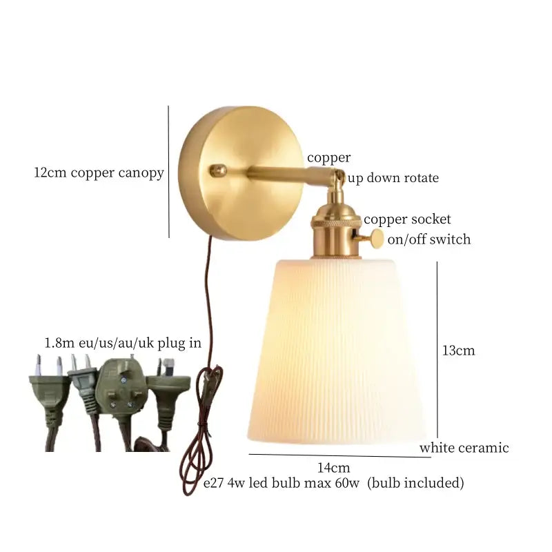 Modern ribbed brass wall light with copper base and white ceramic led wall shade by decorbites for bedroom decor