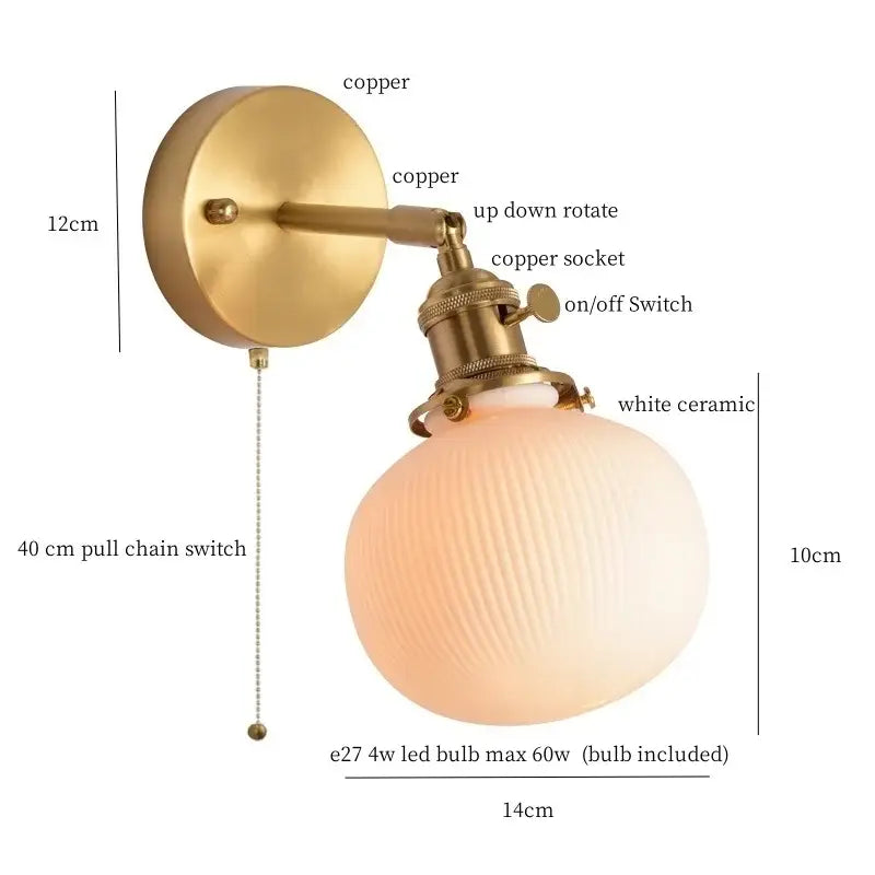 Vintage-style wall light with brass copper finish and white ribbed ceramic led globe for bedroom decorbites ceramic led wall