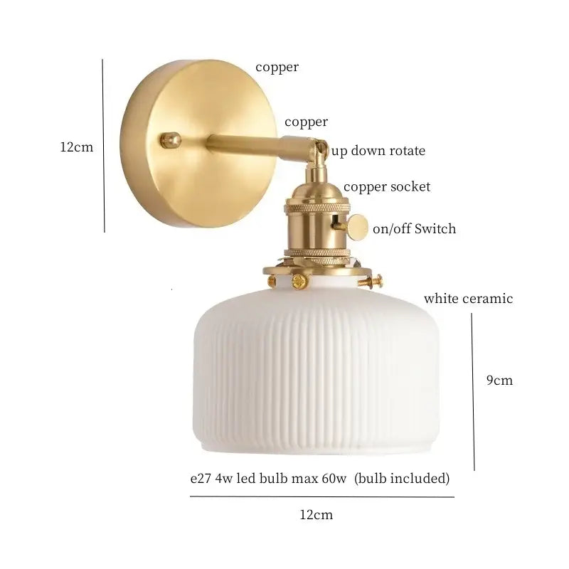 Vintage-style brass pull chain wall light with white ribbed ceramic shade decorbites ceramic led wall light for bedroom