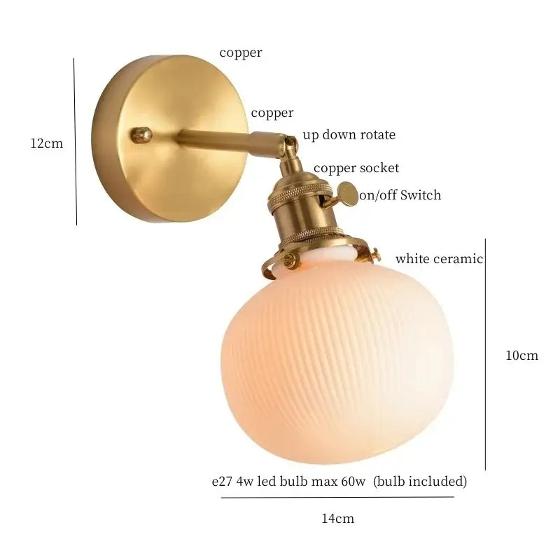 Vintage-style copper wall light with ribbed white ceramic globe and brass pull chain decorbites ceramic led wall light for bedroom