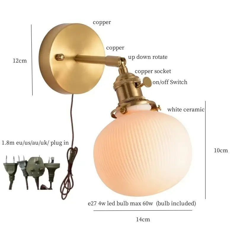 Vintage-style copper wall light with ribbed white ceramic globe and brass pull chain for decorbites ceramic led wall use